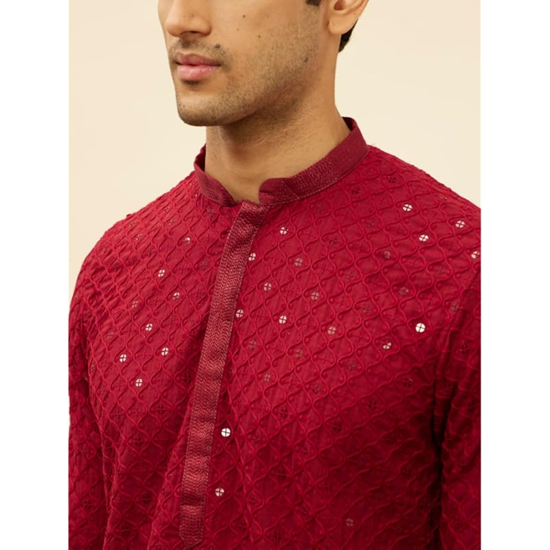 Manyavar Mens Maroon Blended Cotton CHIKANKARI Kurta Pyjama Set