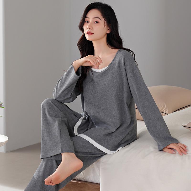 Women's Spring and Autumn Pajamas with Chest Pads, Pure Cotton Long-sleeved 1011 New Autumn Thin Casual Loose Loungewear Set