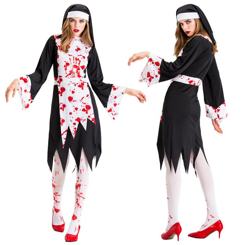 Halloween Black Vampire Zombie Costume, Nun Priest Zombie Character Uniform Stage Costume