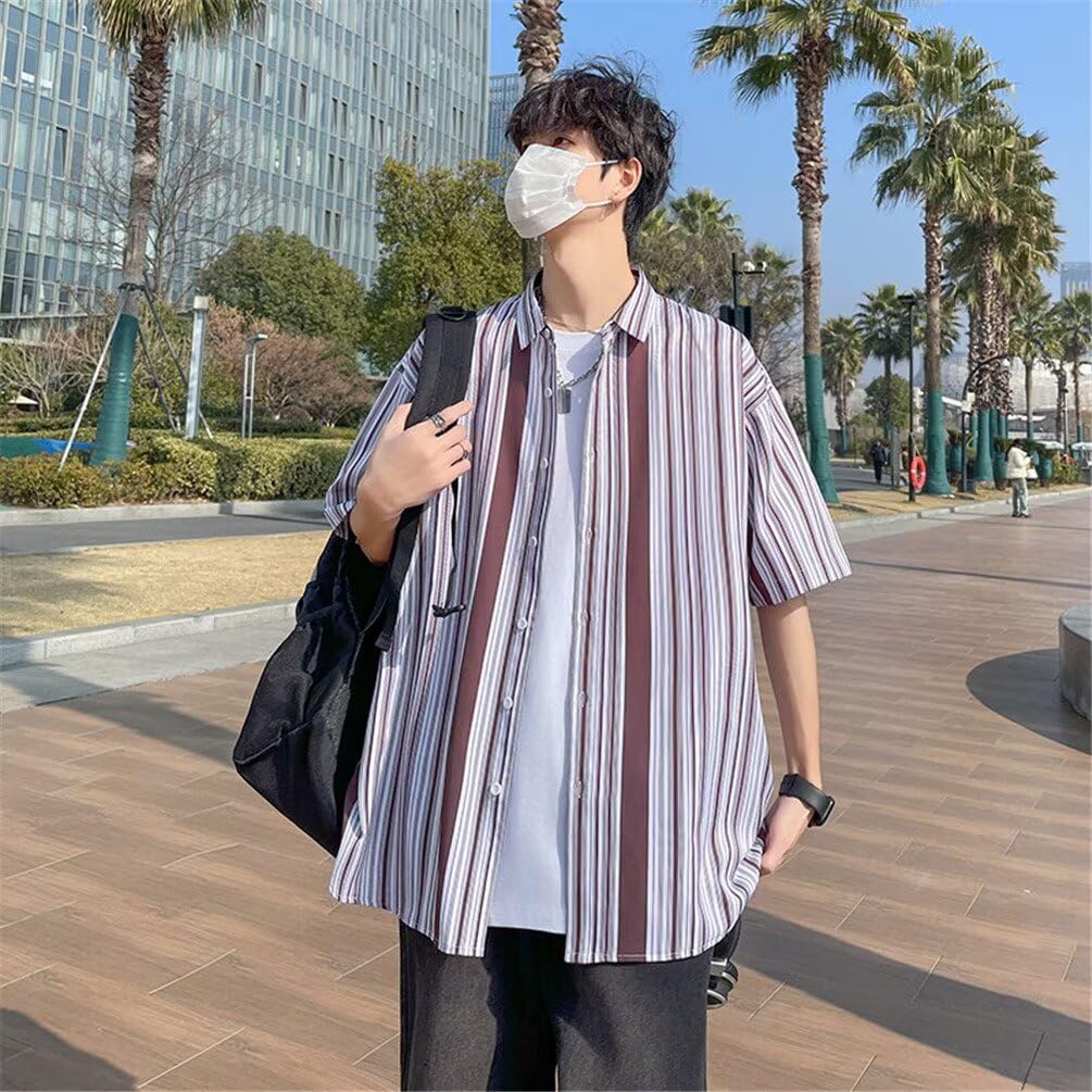 Tenflow Plus Size Casual Short Open Loose Cool for Summer Men's Shirt, Sleeve, Striped, Collar, Fit, (5XL, Coffee)