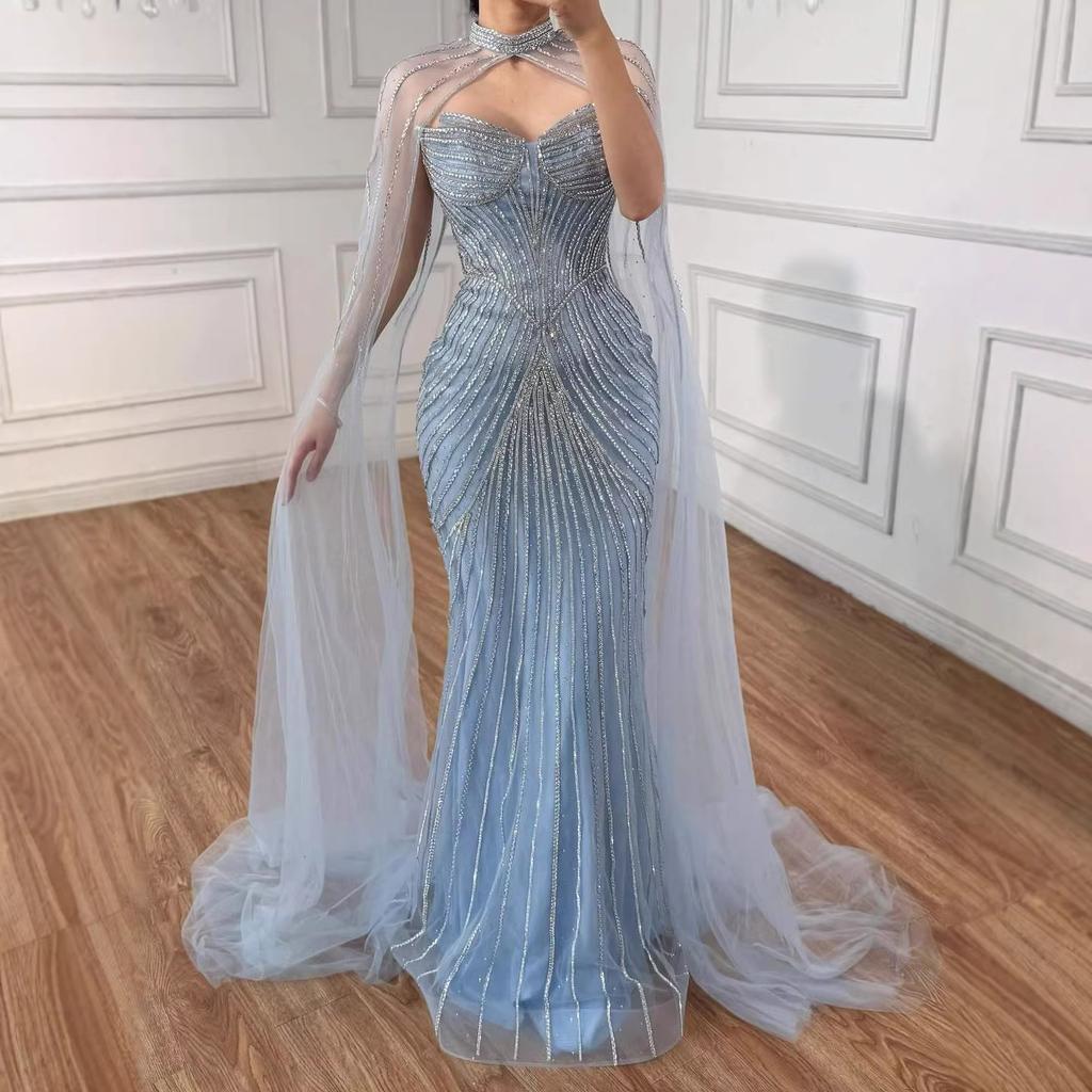 Nude luxury beads flying sleeves dignified atmosphere host art test solo evening dress dress LA11118