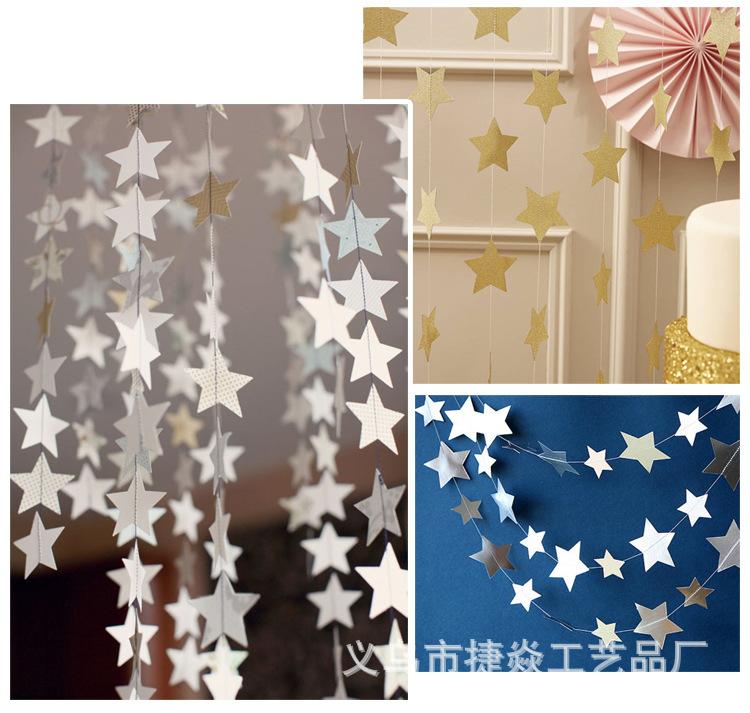 Bright Gold & Silver Paper Garland Star String Banners for Wedding Christmas Baby Shower Party Home Hanging Decor