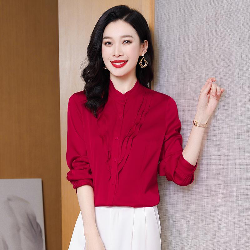 

Women s Spring 2025 Heavyweight Mulberry Silk Ruffle Blouse M червоний