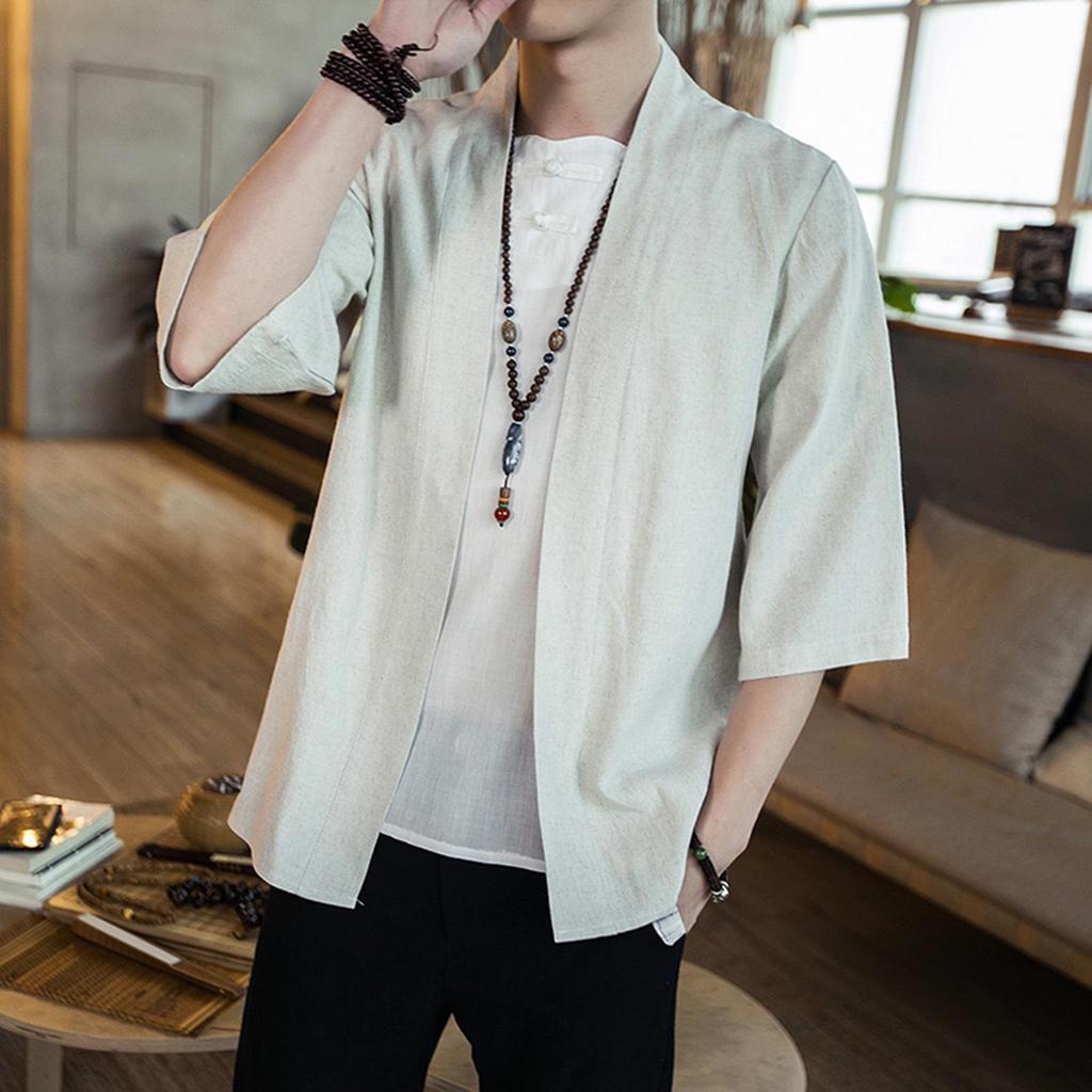 Men's Chinese Style Linen Hanfu Cardigan - Loose Fit, Plus Size, Casual Three-Quarter Sleeve Shirt