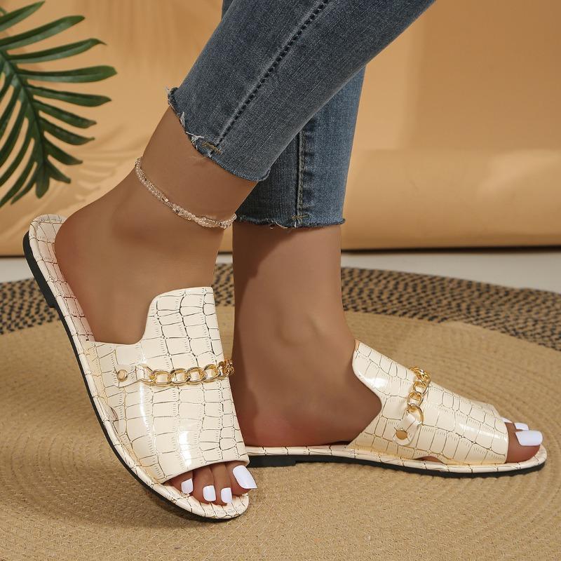 Oversized Flat Slippers with Crocodile Pattern Chain Casual Shoes for Women