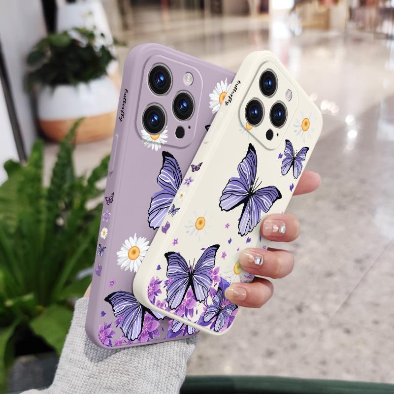 Butterfly Daisy Pattern Soft Liquid Silicone Fall Prevention Case Cover For iPhone 16 16e 15 Pro Max 14 Plus 13 12 11 X Xs Max 7 8 6 SE2 SE3