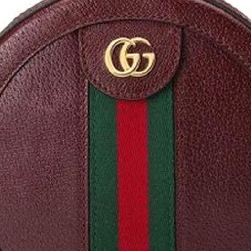 Gucci Zlatý pruhovaný kožený kulatý batoh s logem Dámské kabelky Tmavě červená 550618-CWG1G-6673