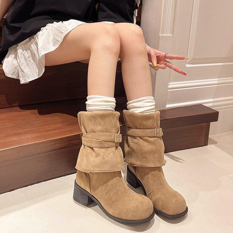 Pleated pile boots women's thick heel thin platform boots women's 2025 new summer western boots tall knight boots