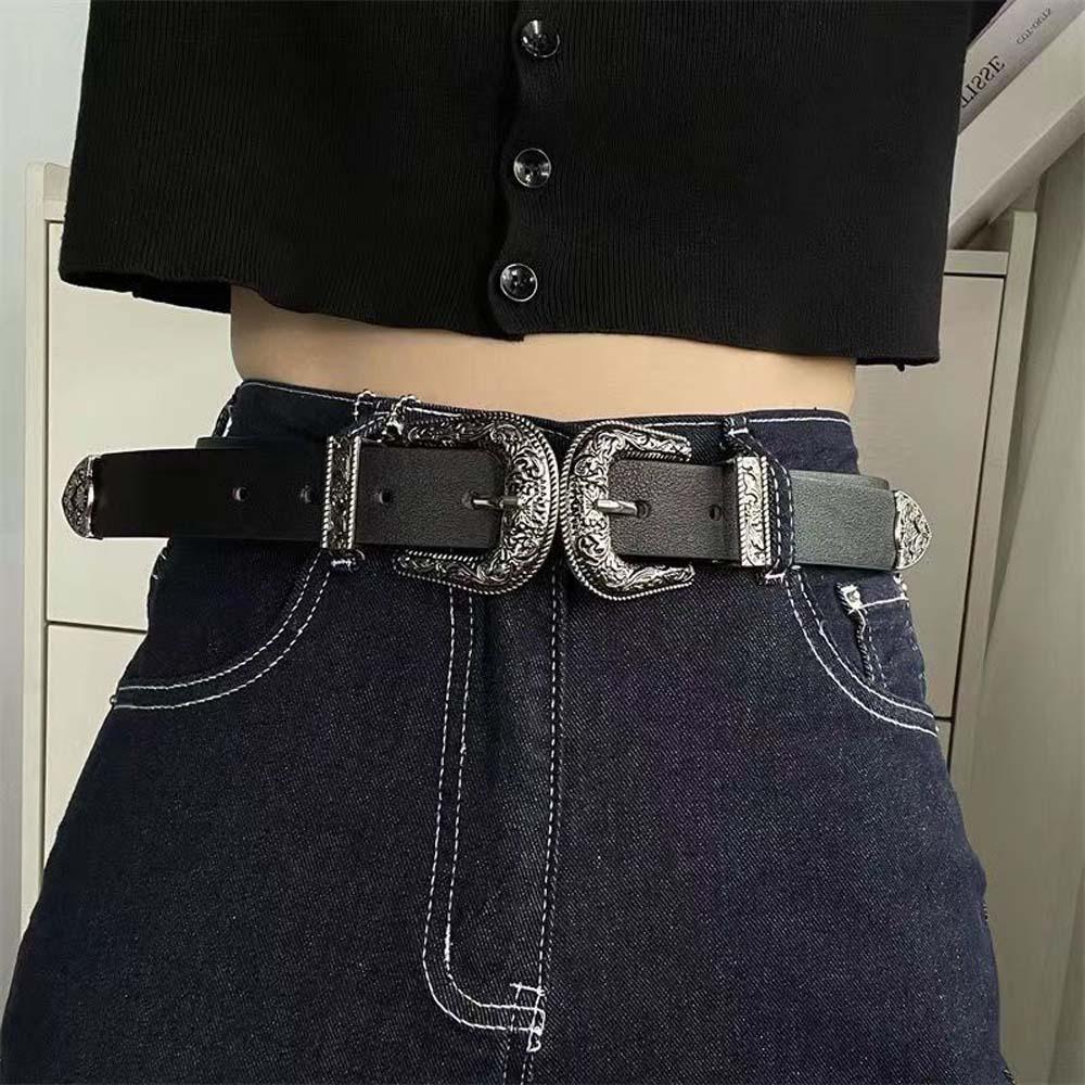 Cool Carved Buckle Belt Wide PU Vintage Waistband Fashion Double Buckle Waist Belt  Festival