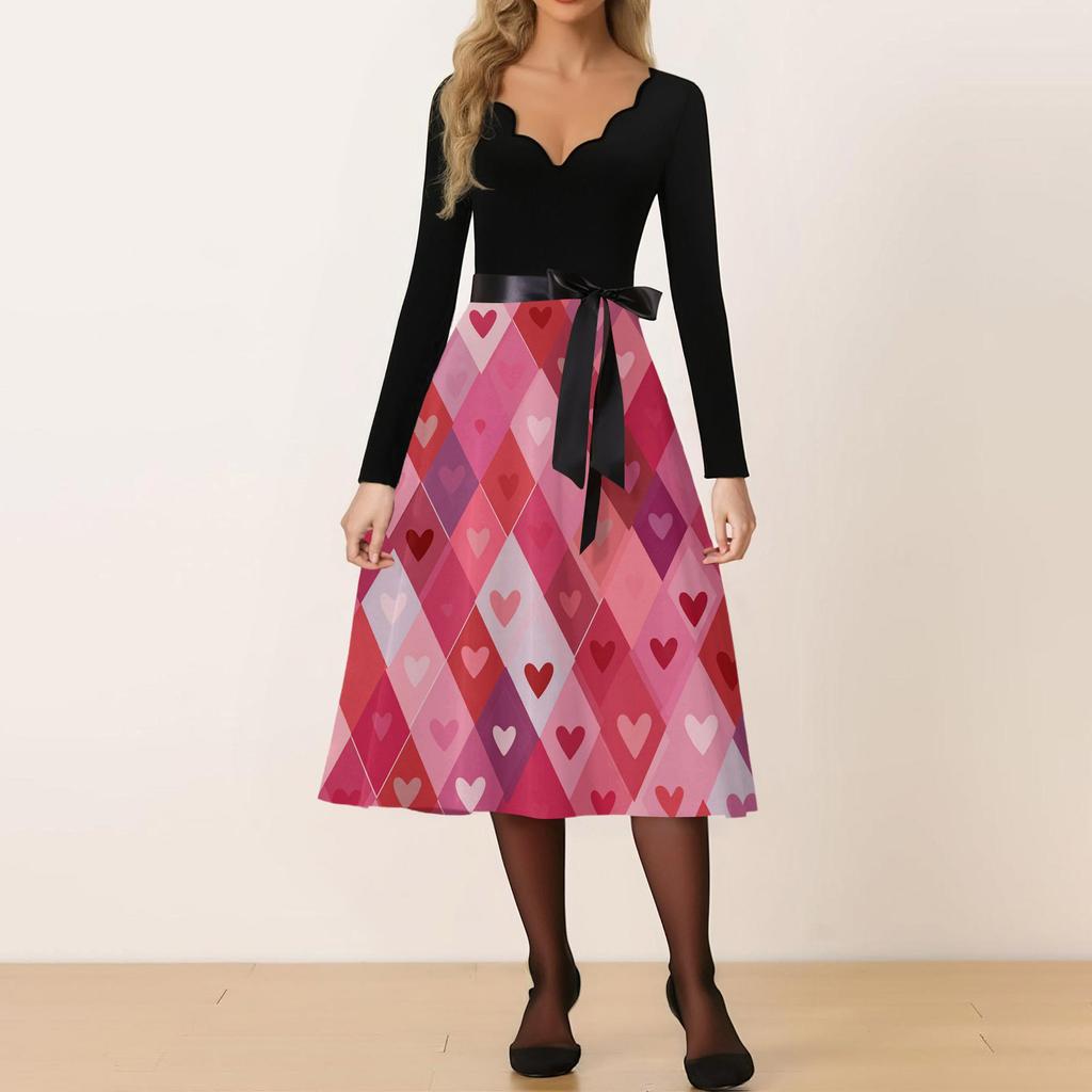 Damen Freizeitmode V-Ausschnitt Valentinstag Print Retro Kleid
