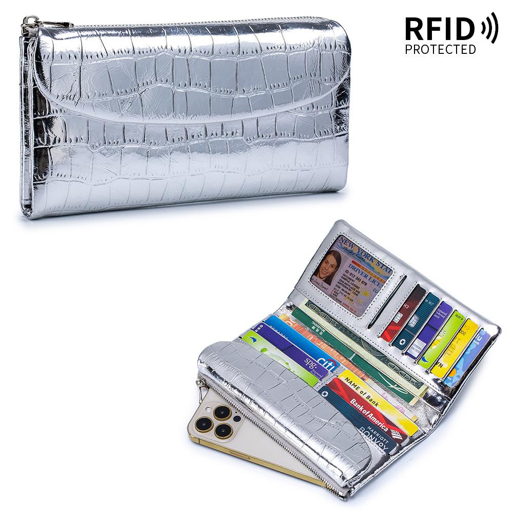 

Glossy Leather RFID Blocking Wallet - Large Capacity Long Purse with Phone Compartment, Crocodile Pattern Organizer Wallets срібний