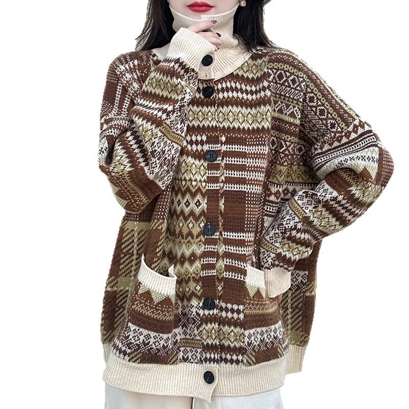 2025 Autumn/Winter Women's Japanese Retro Ethnic Knit Cardigan - Mid-Length, Printed, Comfortable Lazy Style Knitwear