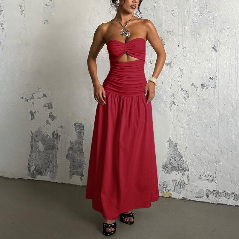 

New Female Style Hot Girl Beach Fake Tube Top Hollow Solid Color Dress M червоний