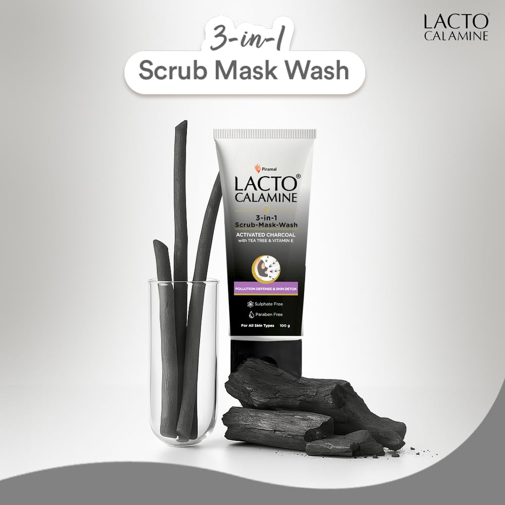 Lacto Calamine 3-in-1 Charcoal Face Scrub Mask Wash 100 ml Multi-Action Detox Cleanser for Clear Skin