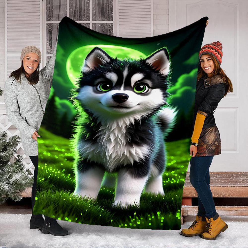 1pc Husky Puppy Throw Blanket Polyester Fiber, Lightweight Flannel, Soft & Warm, All Season Use for Outdoor, Camping Digital Print