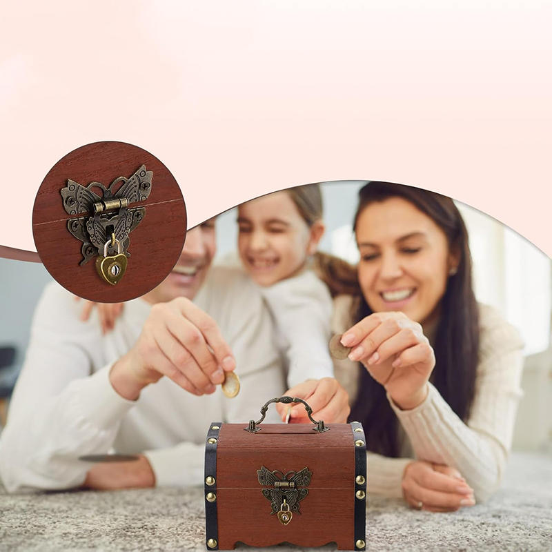Mini Wooden Money Box with Heart Lock Butterfly Buckle Vintage Savings Coin Bank Home Decor Children Gift