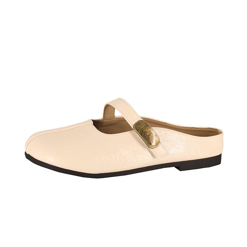 Leather Flat-bottomed Bag Head and Half Slippers for Women's 2025 Spring and Summer New Models, Wearing Cool Slippers with One Foot, Mary Jane Women