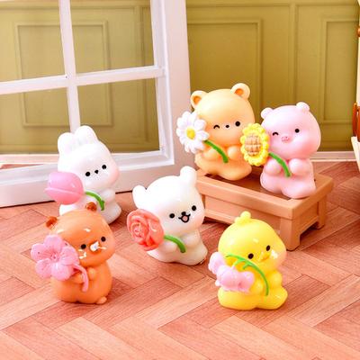 Cute Animal Miniature Figurine Mini Resin Bear Bunny Duck Holding Flower Statue for DIY Moss Landscape Fairy Garden Home Cake Decor