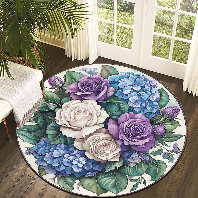 

Purple and white flower style Flannel-printed round floor mats are slip-resistant Suitable living room terrace garden carpets 60cm x 60cm