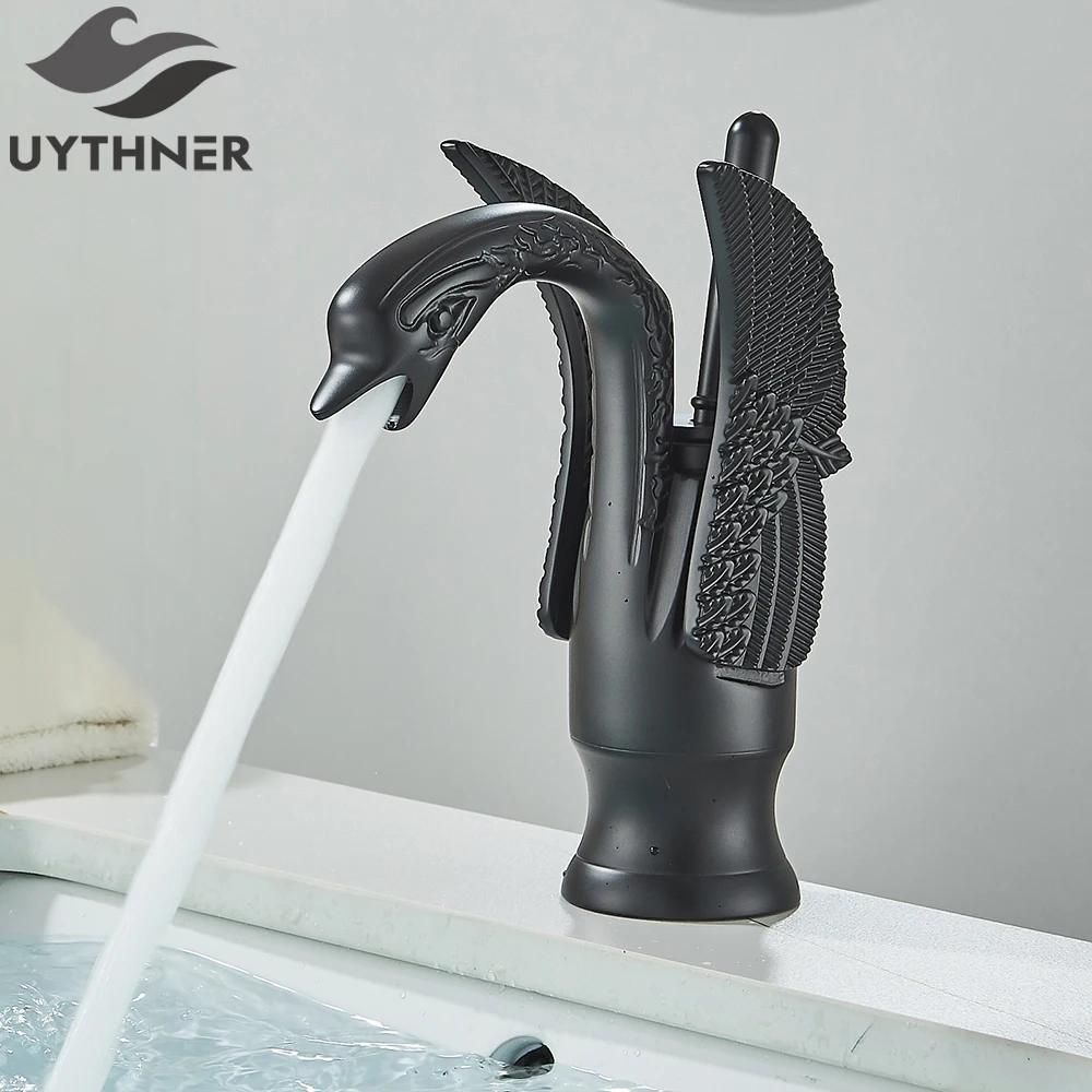Uythner Luxury Swan Bath Basin Brass Faucet Cold and Hot Water Mixer Taps Black /Gold/Antique Bathroom Washbasin Crane