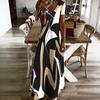 Women Plus Size V Neck Short Sleeve Abstract Printed Black White Khaki Straight Maxi Dress