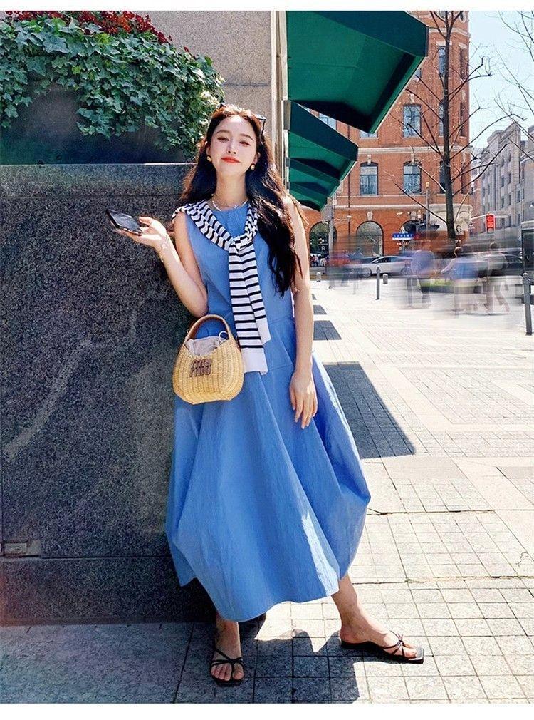 

French holiday style temperament blue vest dress women s summer new design feeling waist thin a word long dress S