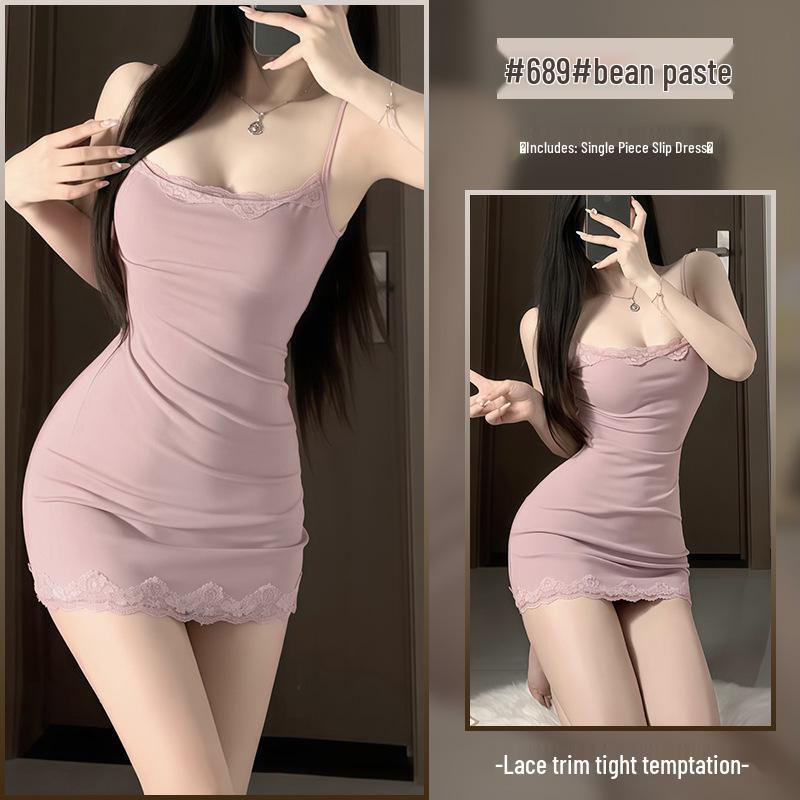 Xianyi Pure Desire Lace Splice Sexy Bodycon Sling Dress - Solid Color Sleepwear 689