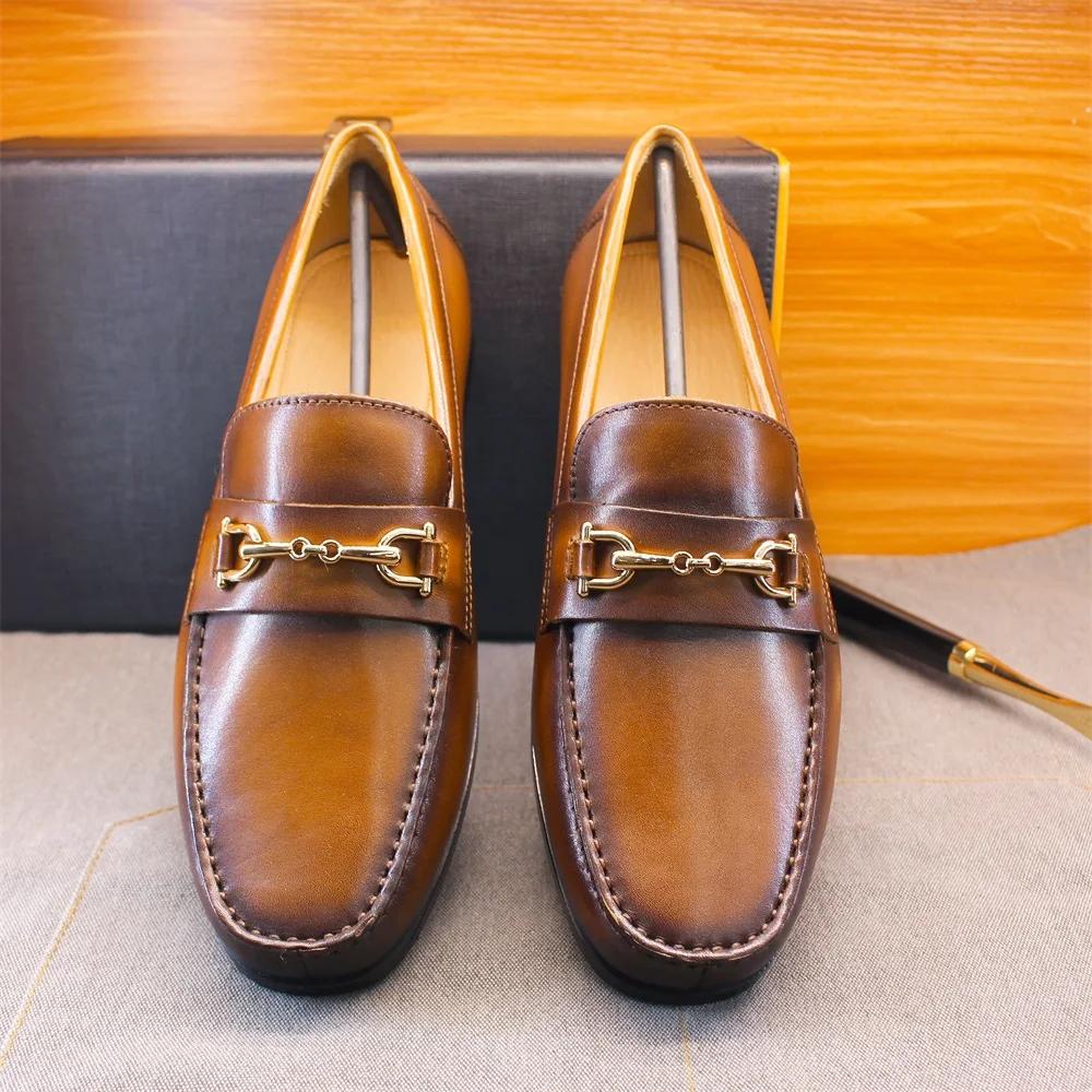Men's Loafers Dress Shoes round Toe Formal Business Slip-On Handmade Cowhide Leather Upper Rubber Sole Comfortable Footwear