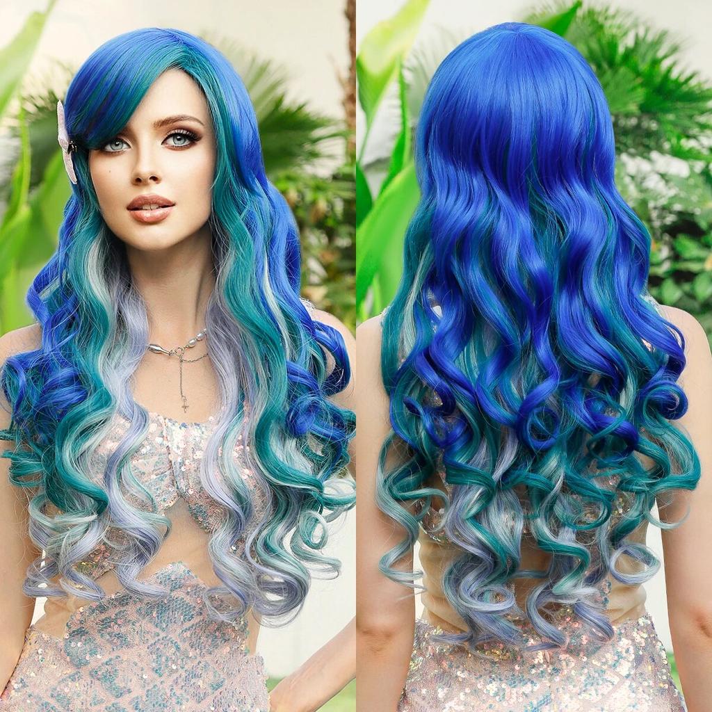 Perücke, synthetische, lange, lockige, orange-rote Meerjungfrau-Perücke mit Pony, lose gewellte Perücken für Frauen, Halloween-Party, Cosplay-Perücke