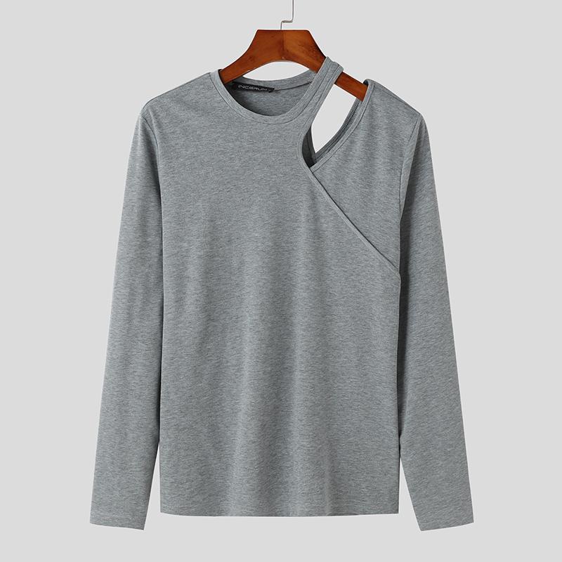 INCERUN Men Spring Long Sleeve Cutout Basics Casual Tops Undershirts