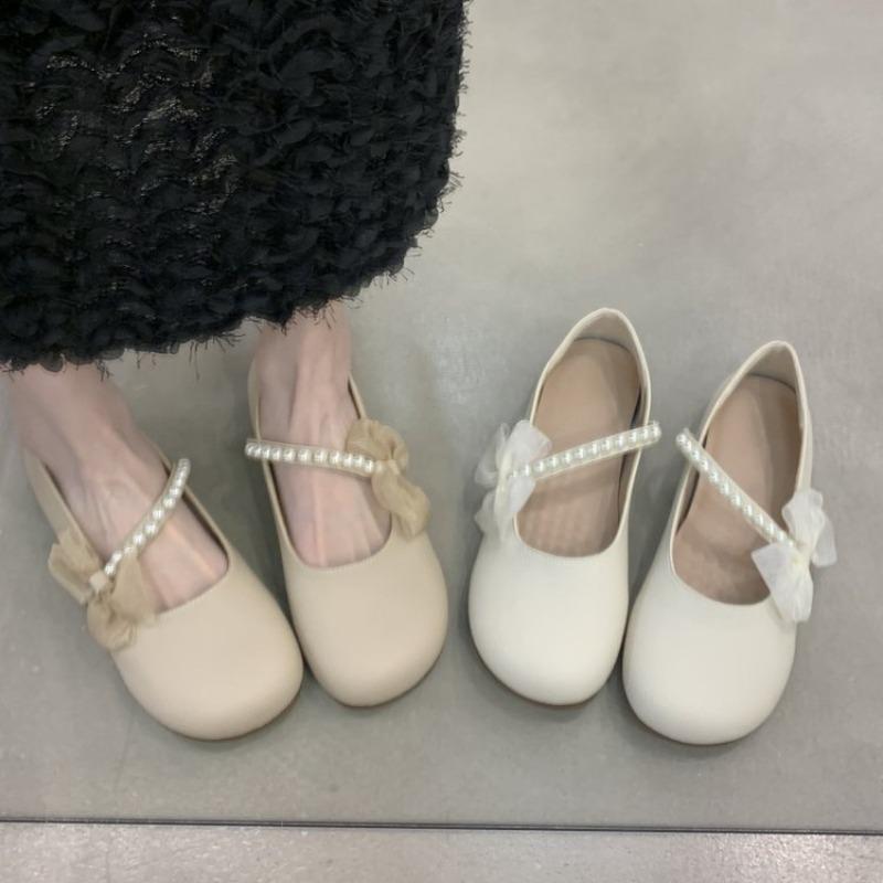 Fashion Hot Selling 2025 Spring New Lace Versatile Bow Flat Bottom Mary Sandal Women's Single Shoe Pearl One Step Soft Bottom with Skirt