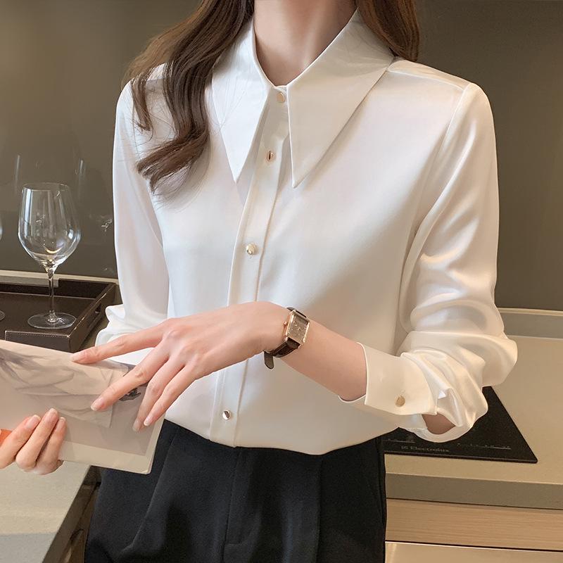 Women s High-Grade Satin Chiffon Shirt: 2026 Spring/Autumn Long Sleeve OL Commute Casual Glossy Top 2XL