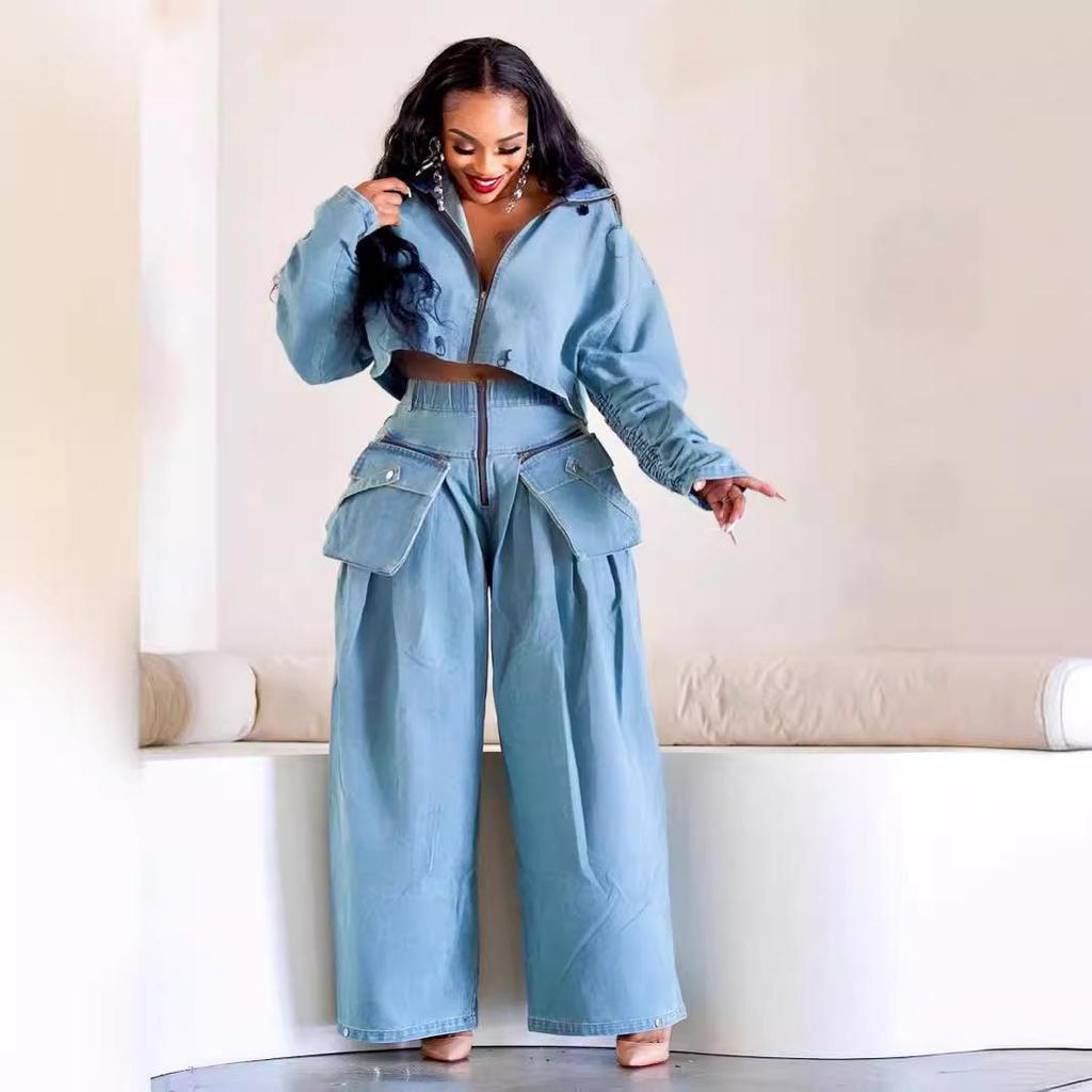 Two-Piece Retro Denim Workwear Set: Wide-Leg Trousers & Short Jacket for Women