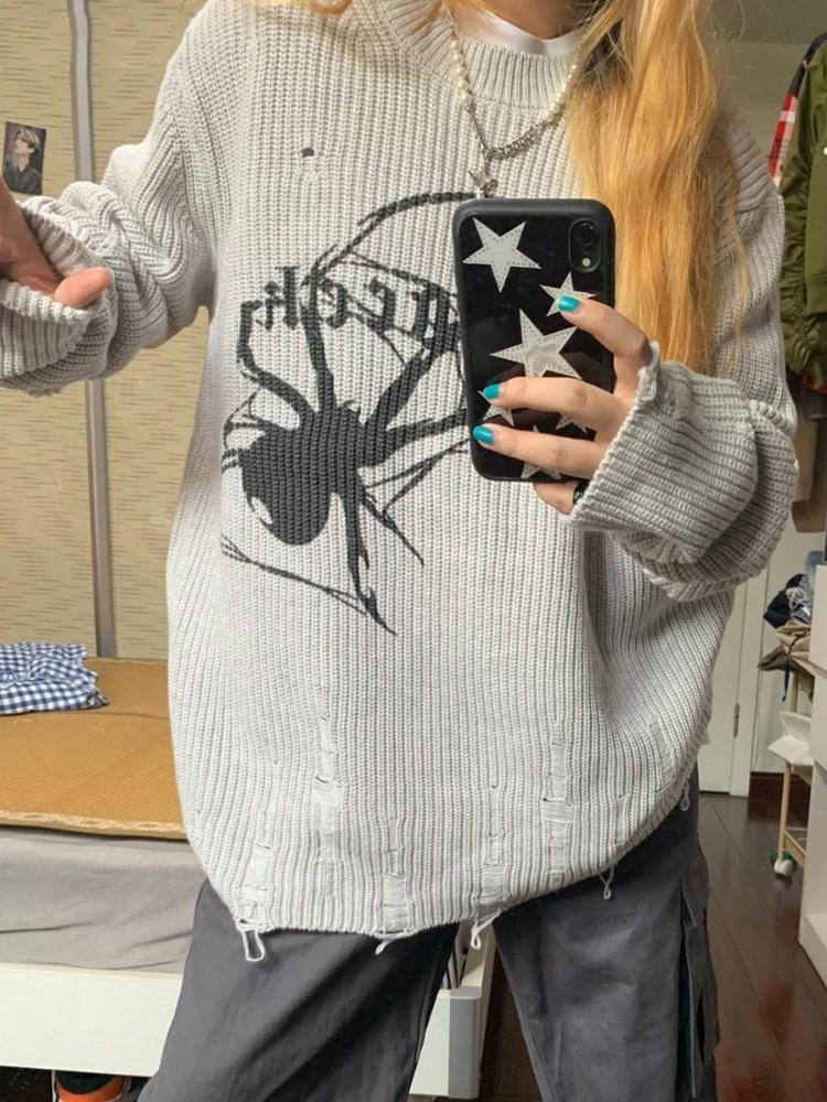 Milang Girl Spider Print Harajuku Sweater Women Gothic Vintage Ripped Grunge Jumper Streetwear Korean Oversize Hiphop Pullover