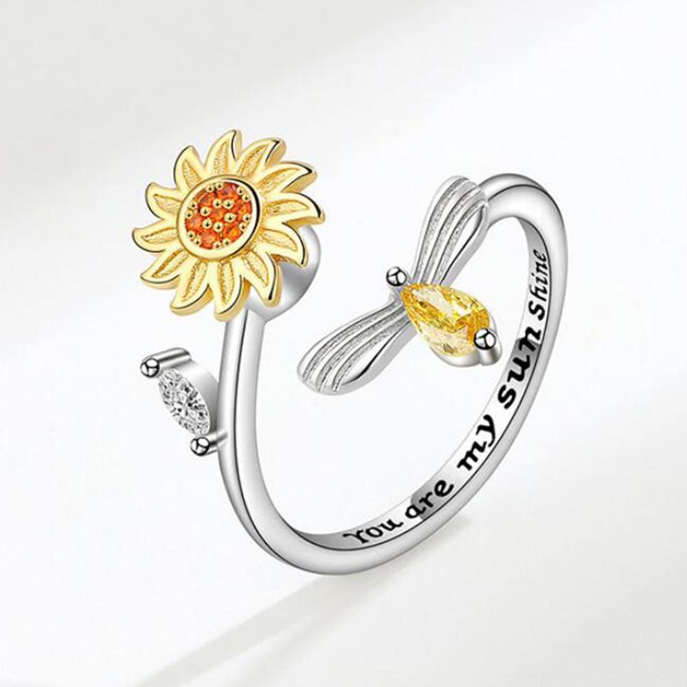 Anneaux Spinner Tourniquet Tournesol Cristal Brillant et Abeille Pour Femmes Anti Anxiété Contrôle Anti Stress Anneau Rotatif Cadeau Filles