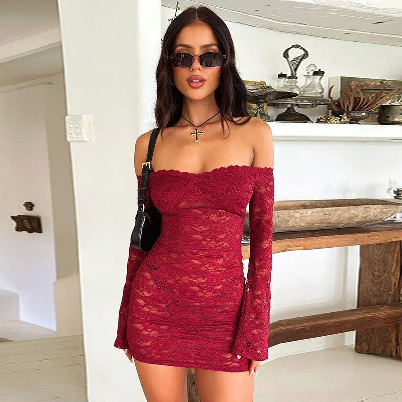 

One-Shoulder See-through Lace Dress off-Shoulder Sexy Perspective Lace Dress Red S