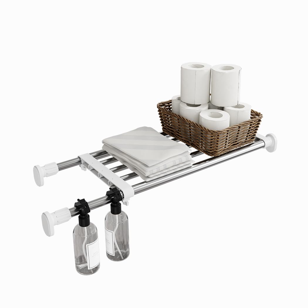 

BAOYOUNI Tension Shelf, Heavy-Duty Extendable, White, with Anti-Slip, Stainless Steel Rods (59-101.8cm, White)