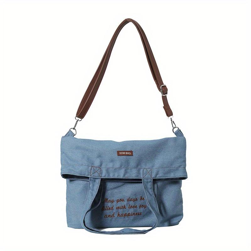 Letter Embroidered Denim Tote Bag Casual Crossbody Bag for Women Shoulder Bag for School Work Commuting and Daily Use