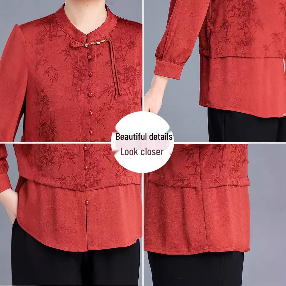 Autumn Mother's Day Chinese Style Two-Piece Shirt Set for Elegant Middle-Aged Women