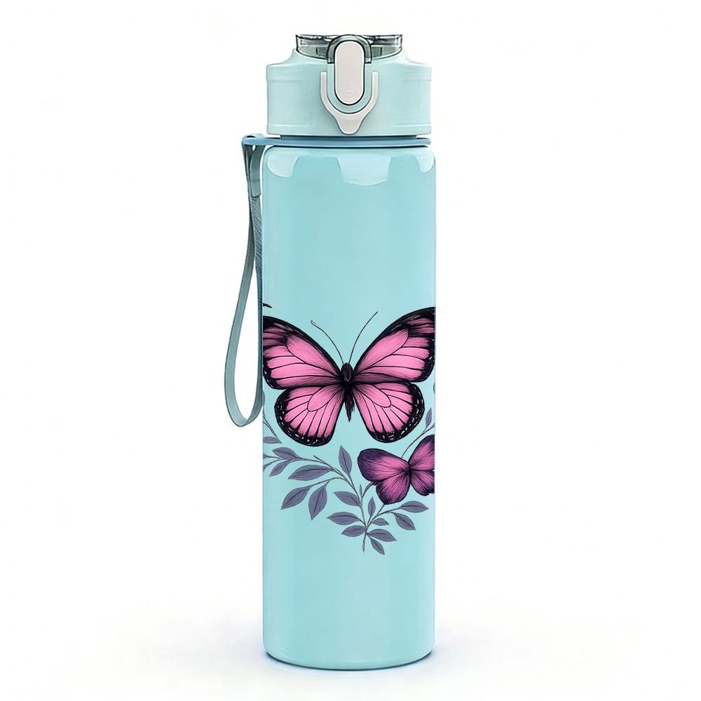 1PC Purple Butterfly Floral Print 750ml Color Plastic Sports Water Bottle Leakproof Flip Straw Lid Suitable for Sports Office Home Use