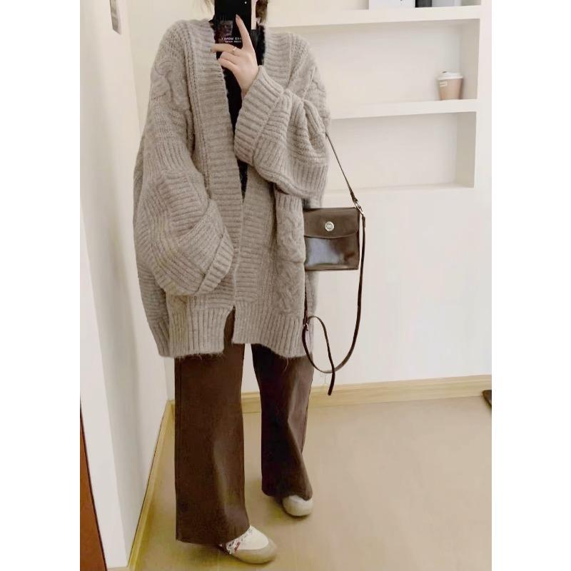 Autumn and Winter Loose Knitted Cardigan Women's Sweater Coat Fashion Elegant Simple Medium and Long Thickened Outer Jackets Casual Pockets Clothing