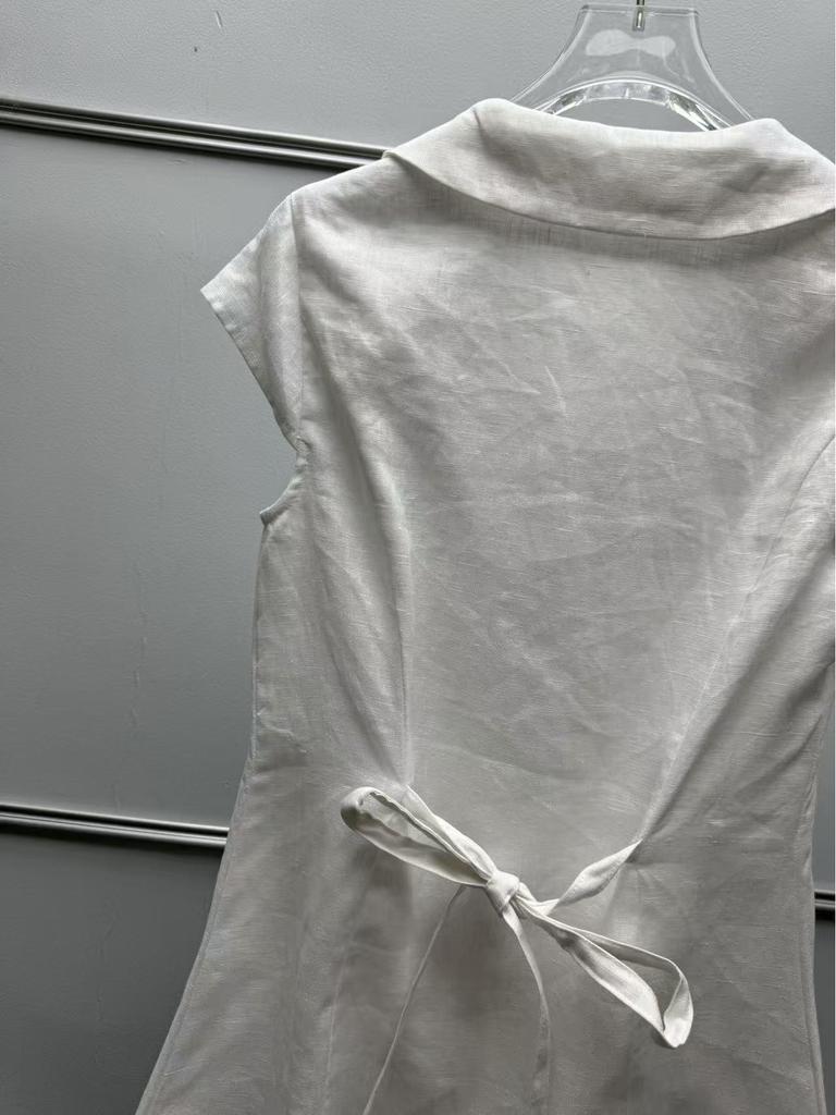 French Minimalist Linen Short-Sleeve Shirt with Elegant Doll Collar