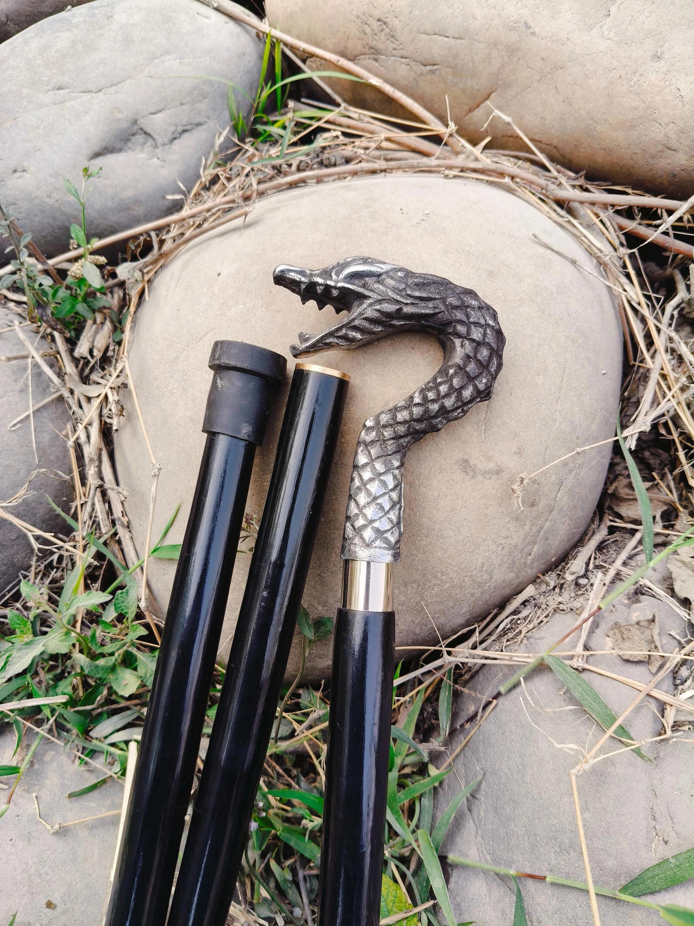 

Silver Dragon Head Walking Stick – 3 Fold Black Hardwood Cane, Style Handle