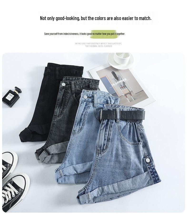 Summer 2024 Women's High-Waisted Retro Wide-Leg Denim Shorts with Rolled Hem