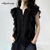 French Style Summer Women Basic Black Blouse V Neck Casual Loose Office Lady Shirt Flying Sleeve Elegant Feminine Blouse