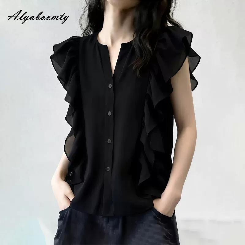 

French Style Summer Women Basic Black Blouse V Neck Casual Loose Office Lady Shirt Flying Sleeve Elegant Feminine Blouse XL