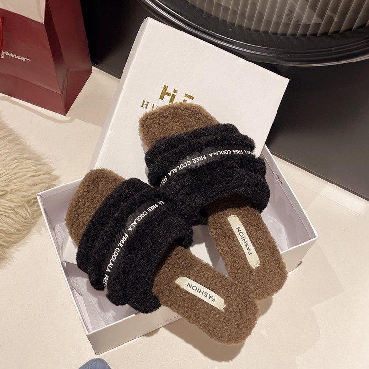 Woolly Slippers Women Wear 2024 Autumn New Korean Fashion Thick Bottom Home Color Combination Cotton Slippers