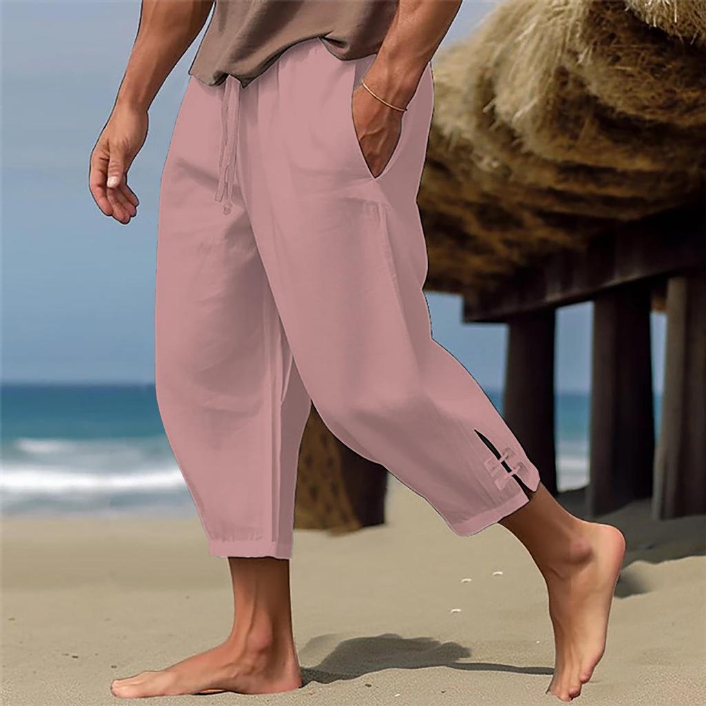 Pantalones Capris Casuales de Hombre 2025 con Cintura de Cordón y Múltiples Bolsillos de Algodón Lino para Verano
