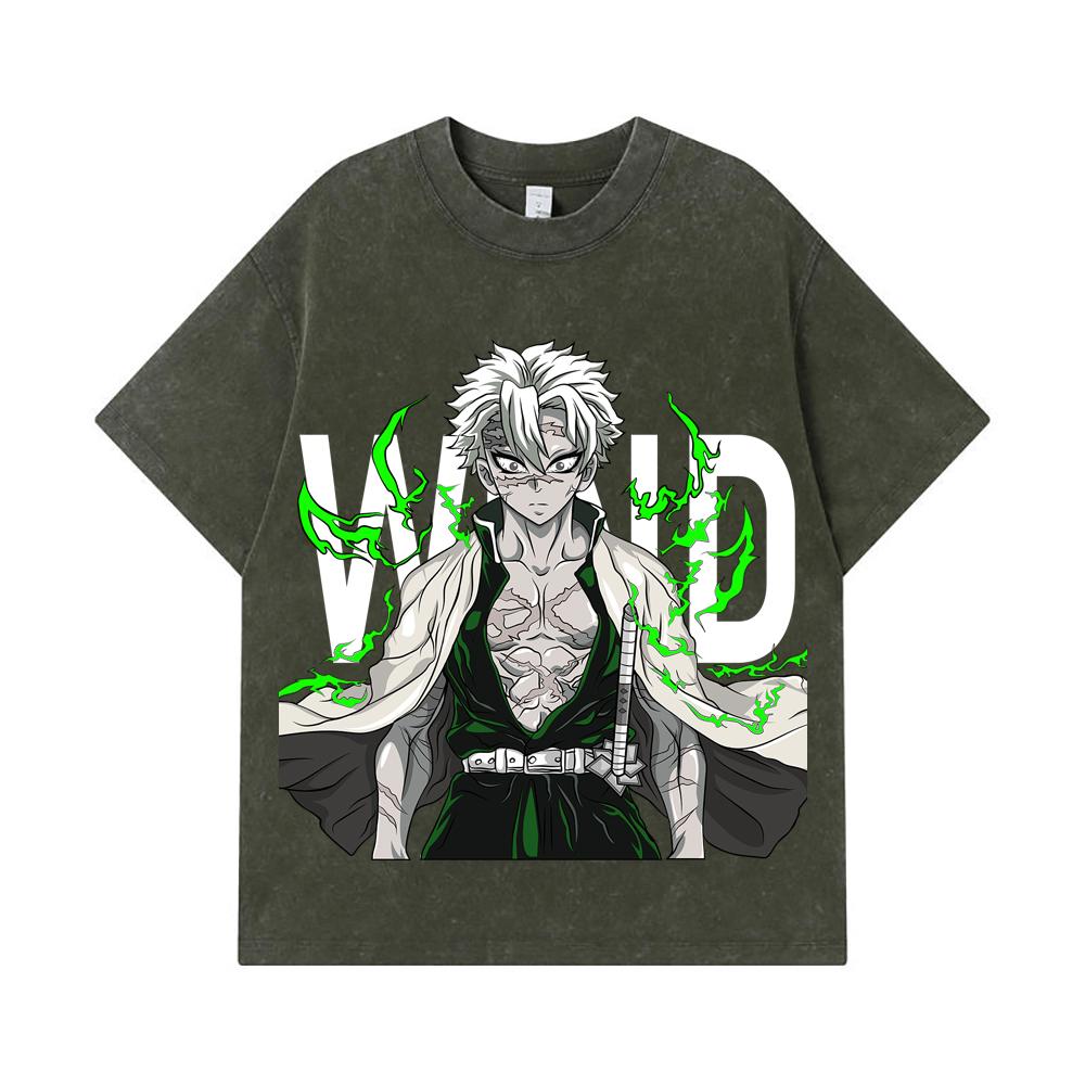 

275 GSM Washed T-shirts 100% Cotton Demon Slayer V115 Sanemi Print Unisex Heavy Cotton T Shirt S армия зеленый
