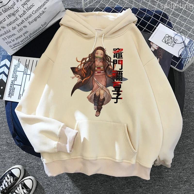 Japan Anime Demon Slayer Hoodies Japanese Casual Kangaroo Pocket Hoodie Harajuku Cartoon Manga Khaki Pullovers Aesthetic Clothes